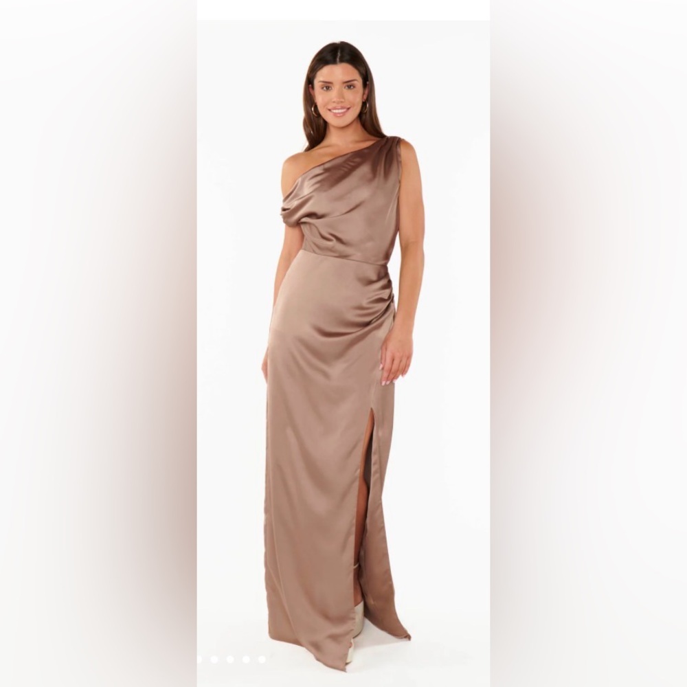 Show Me Your MuMu Satin Tan Maxi Dress